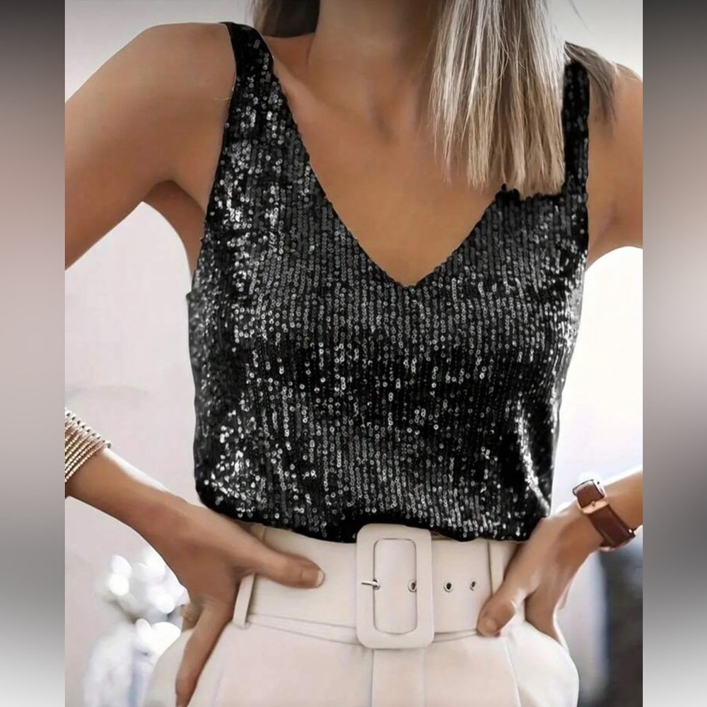 Plus Size Luxe Sequin V-Neck Tank Top Blouse Shirt Black